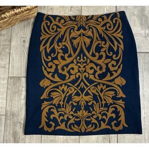 J. McLaughlin Scroll Print Knit Pencil Skirt Navy Gold Baroque Size 4